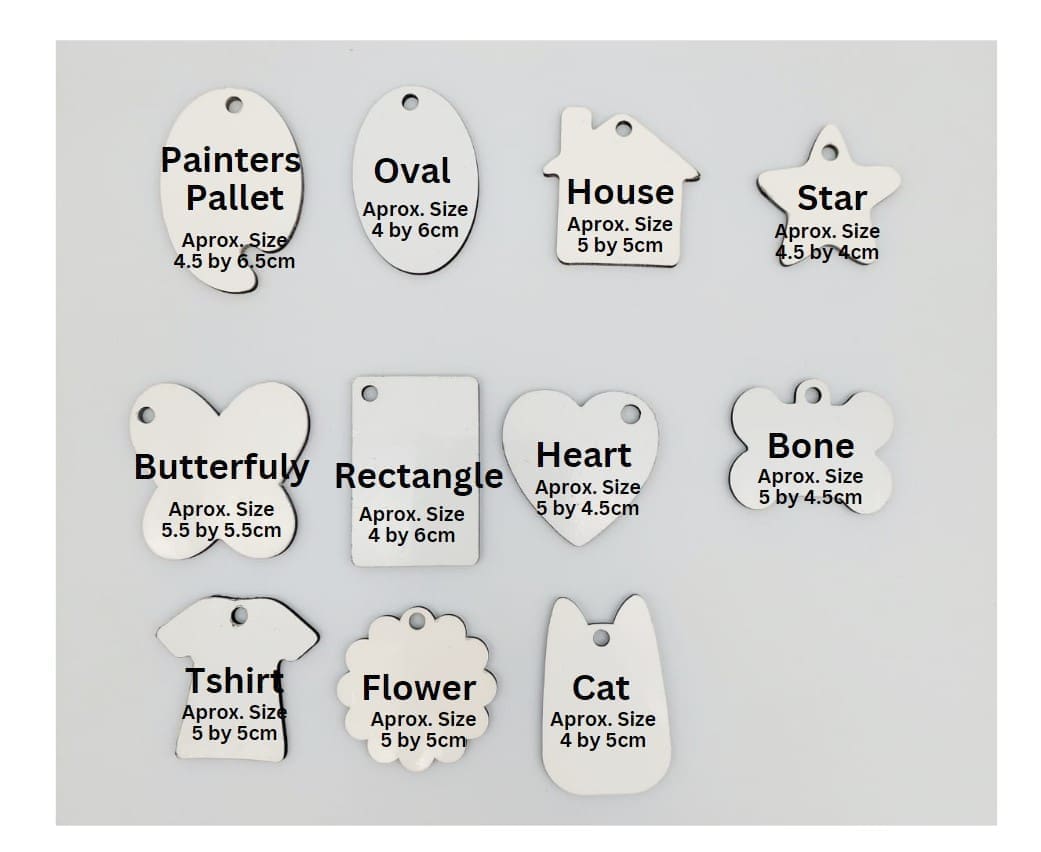 MDF KeychainsnNames Sublimation Blanks : Various Shaped MDF Keyrings (end of range)