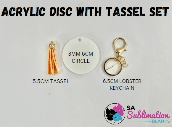 tassel set Sublimation Blanks : Acrylic Disc with GOLD Capped Tassel & Keyring Set