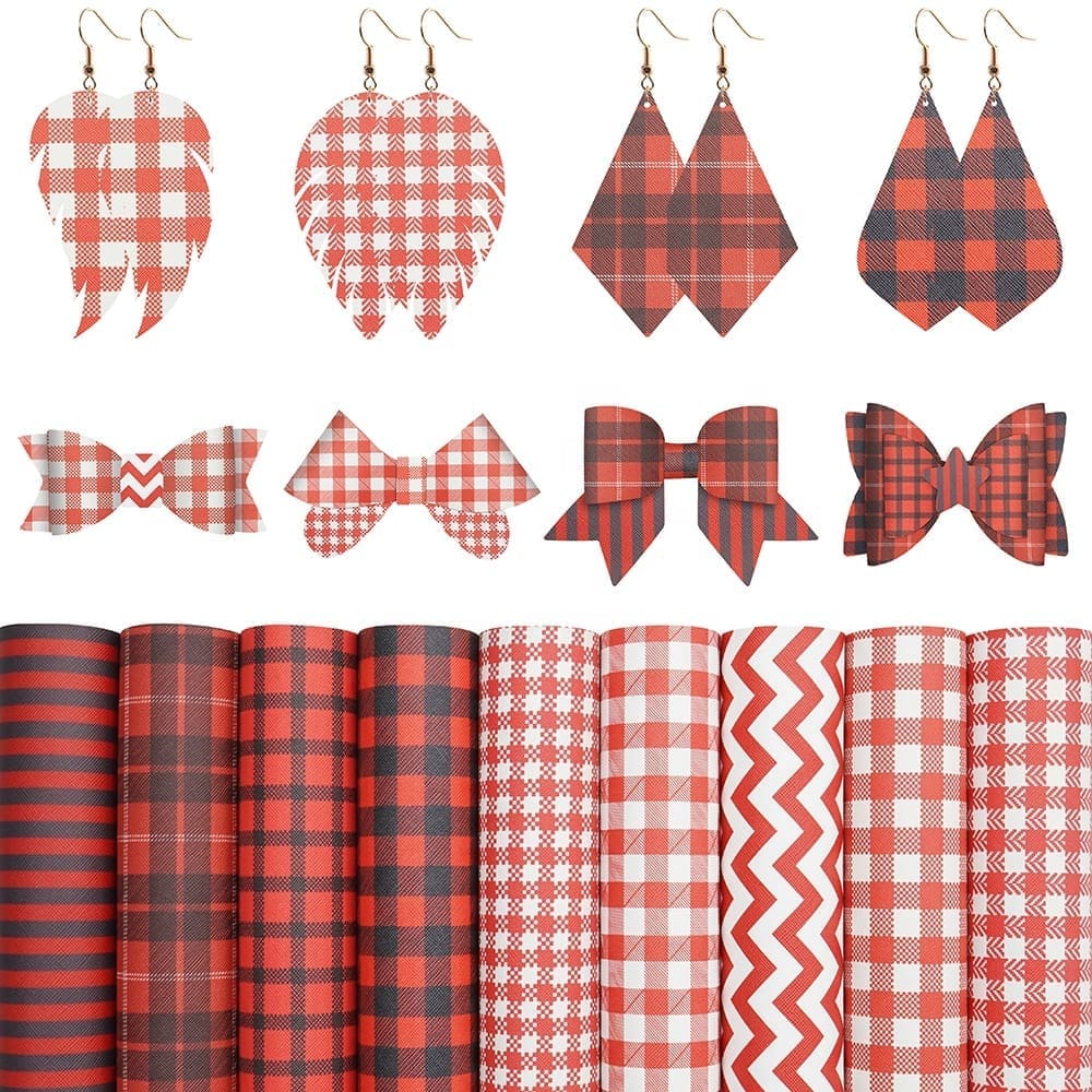 9pc Red Shapped Series3 Faux Leather : 9 Piece Red Tartan Patterned Deluxe (FL25)