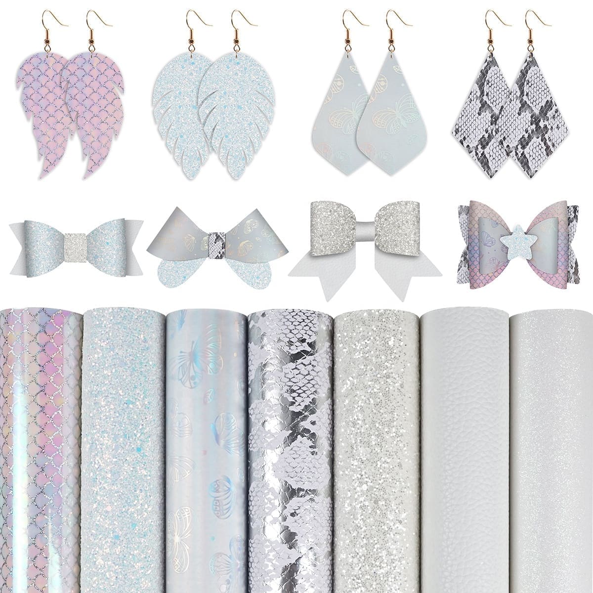 Faux Leather : 7 Piece White Holographic Mermaid & Butterfly Mix (FL39)