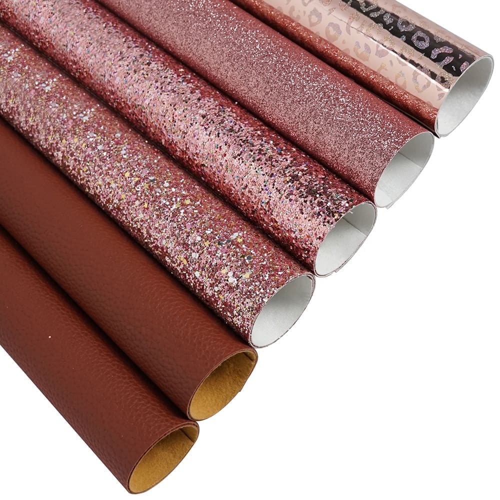FL42_b Faux Leather : 6 Piece Rose Gold Chunky Glitter & Leopard Litchi Set (FL42)