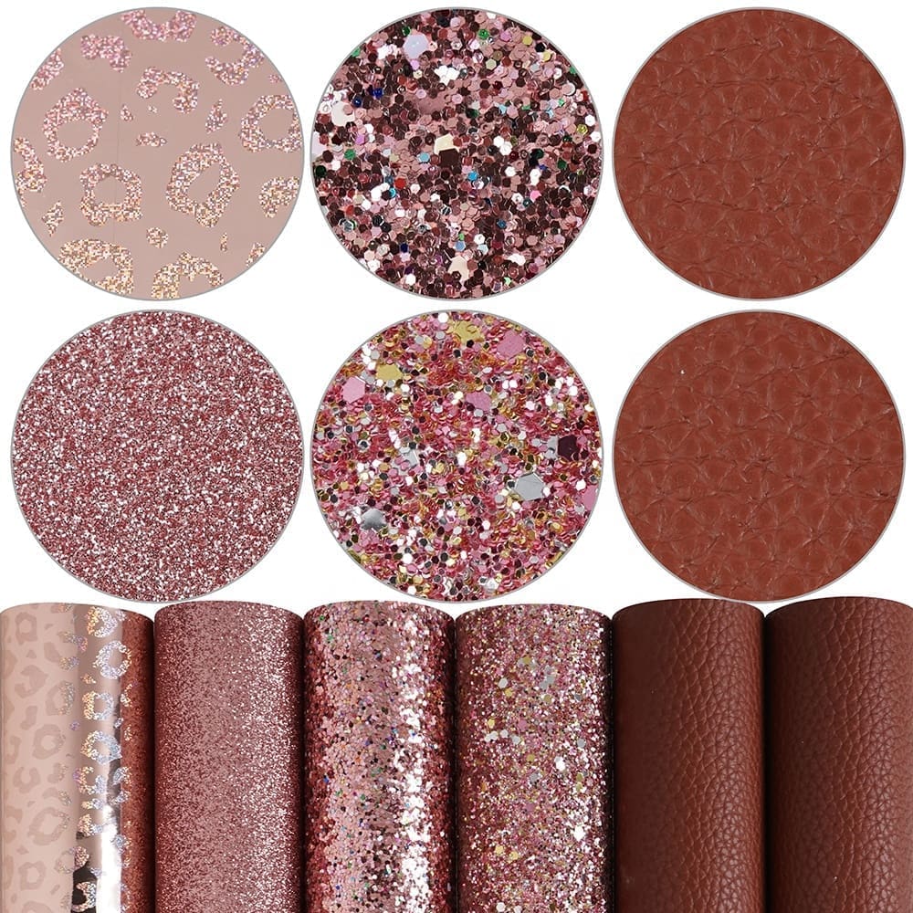 FL42_d Faux Leather : 6 Piece Rose Gold Chunky Glitter & Leopard Litchi Set (FL42)