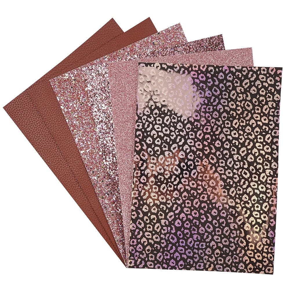 FL42_e Faux Leather : 6 Piece Rose Gold Chunky Glitter & Leopard Litchi Set (FL42)
