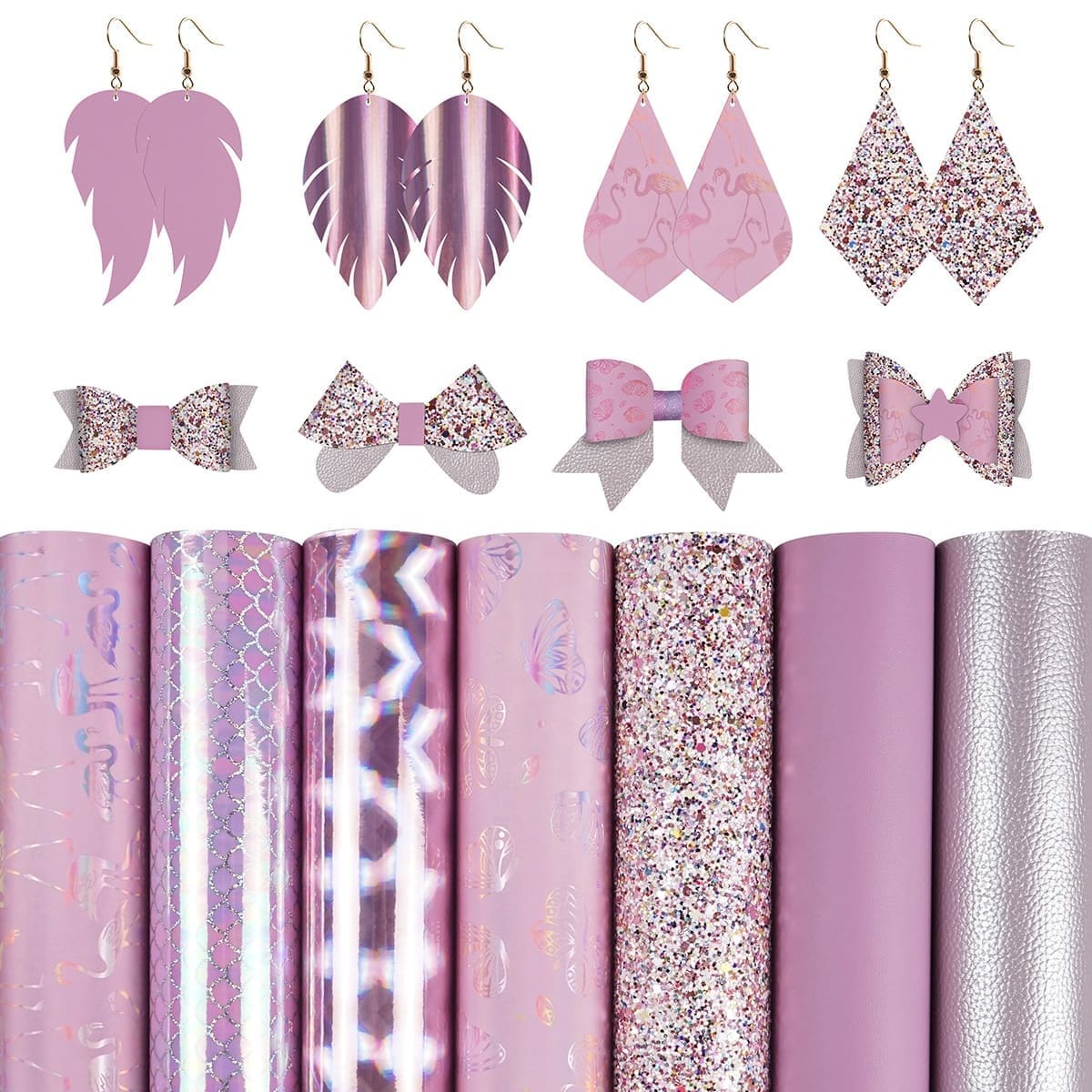 FL44 Faux Leather : 7 Piece Pink Holographic Glitter Flamingo & Butterfly Mix (FL44)