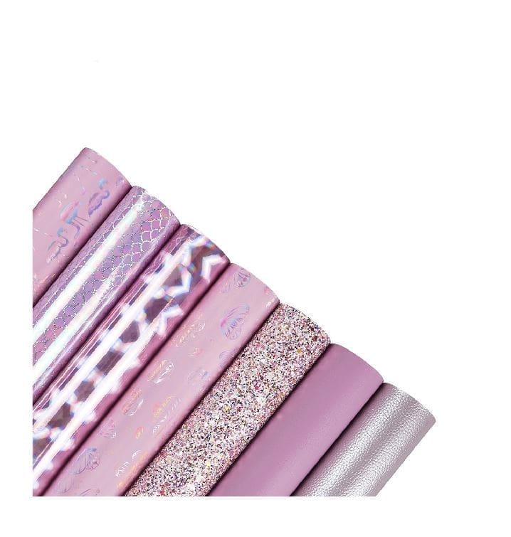 FL44_g Faux Leather : 7 Piece Pink Holographic Glitter Flamingo & Butterfly Mix (FL44)