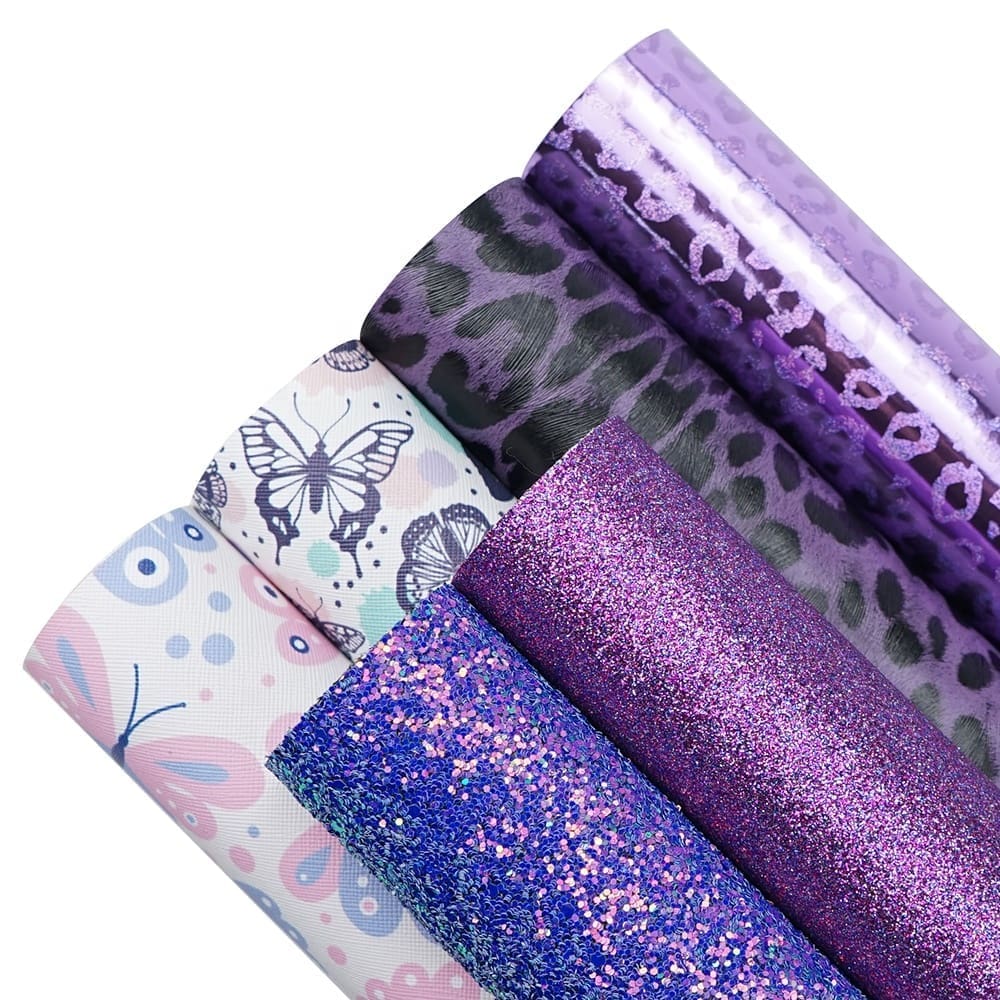 FL48 Faux Leather : 6 Piece Purple Butterfly & Leopard Mix (FL48)