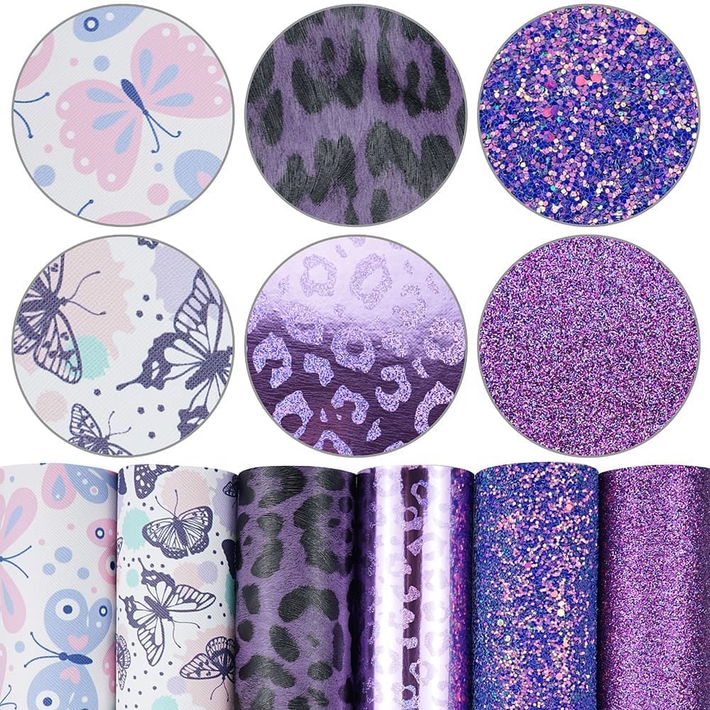 FL48_c Faux Leather : 6 Piece Purple Butterfly & Leopard Mix (FL48)