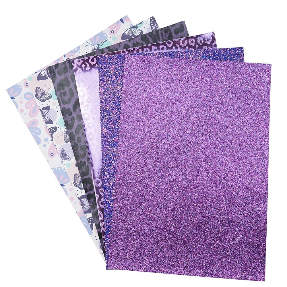 FL48_f Faux Leather : 6 Piece Purple Butterfly & Leopard Mix (FL48)