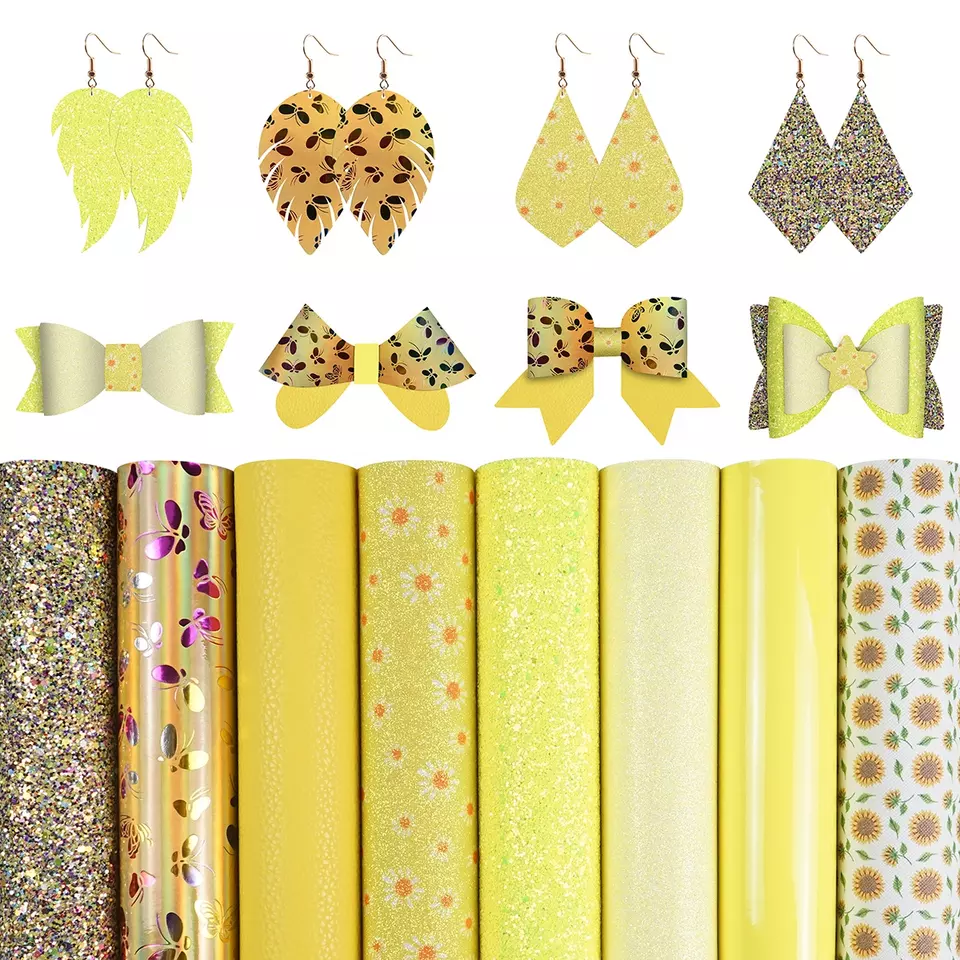 FL57_a Faux Leather : 8 Piece Yellow Butterfly & Daisy Deluxe Mix (FL57)