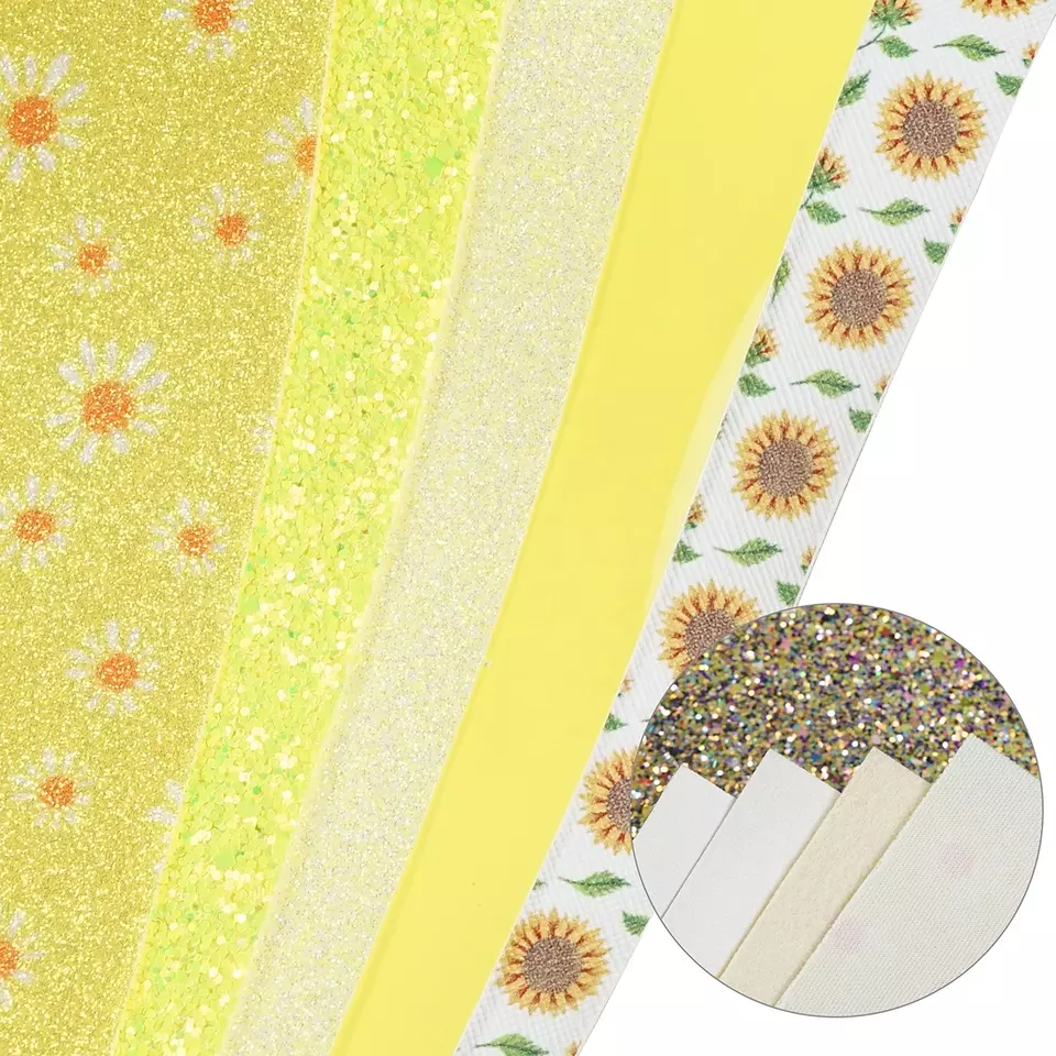 FL57_e Faux Leather : 8 Piece Yellow Butterfly & Daisy Deluxe Mix (FL57)