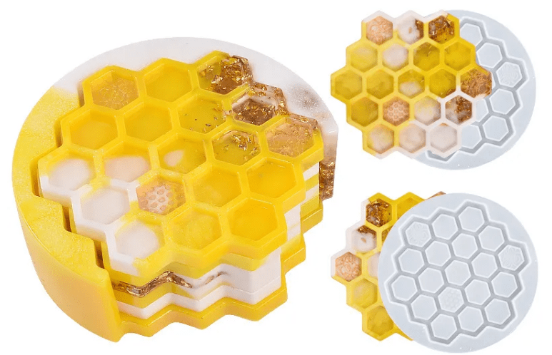 BeeHoneycombCosterSet5 Resin & Epoxy : Bee Honeycomb Silicone Coaster Set