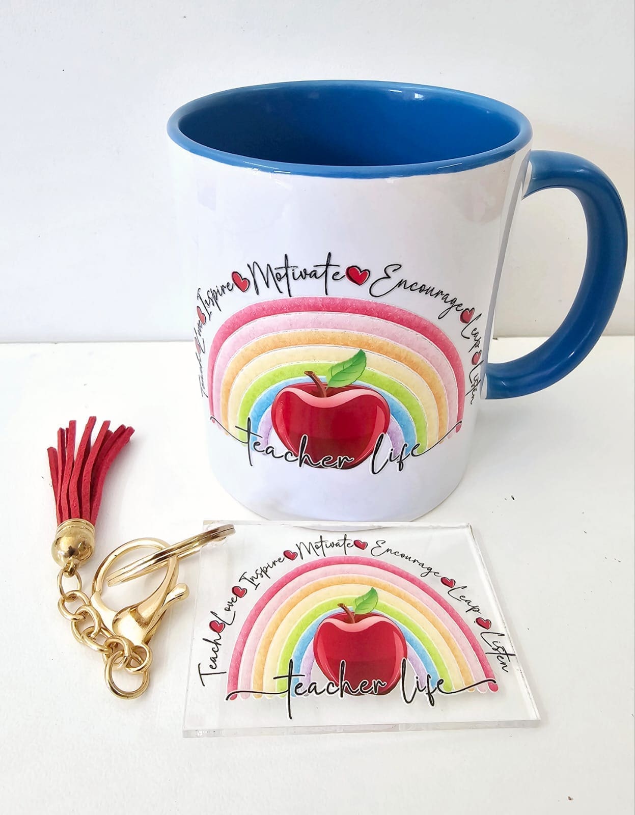 Teacher2Combo 3D UV Stickers : Teacher Life Rainbow Apple Combo for Mug & Rectangle Acrylic Keychain (TEA2)