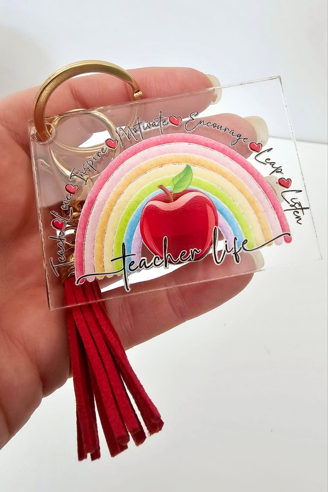 Teacher2Keychain 3D UV Stickers : Teacher Life Rainbow Apple Combo for Mug & Rectangle Acrylic Keychain (TEA2)