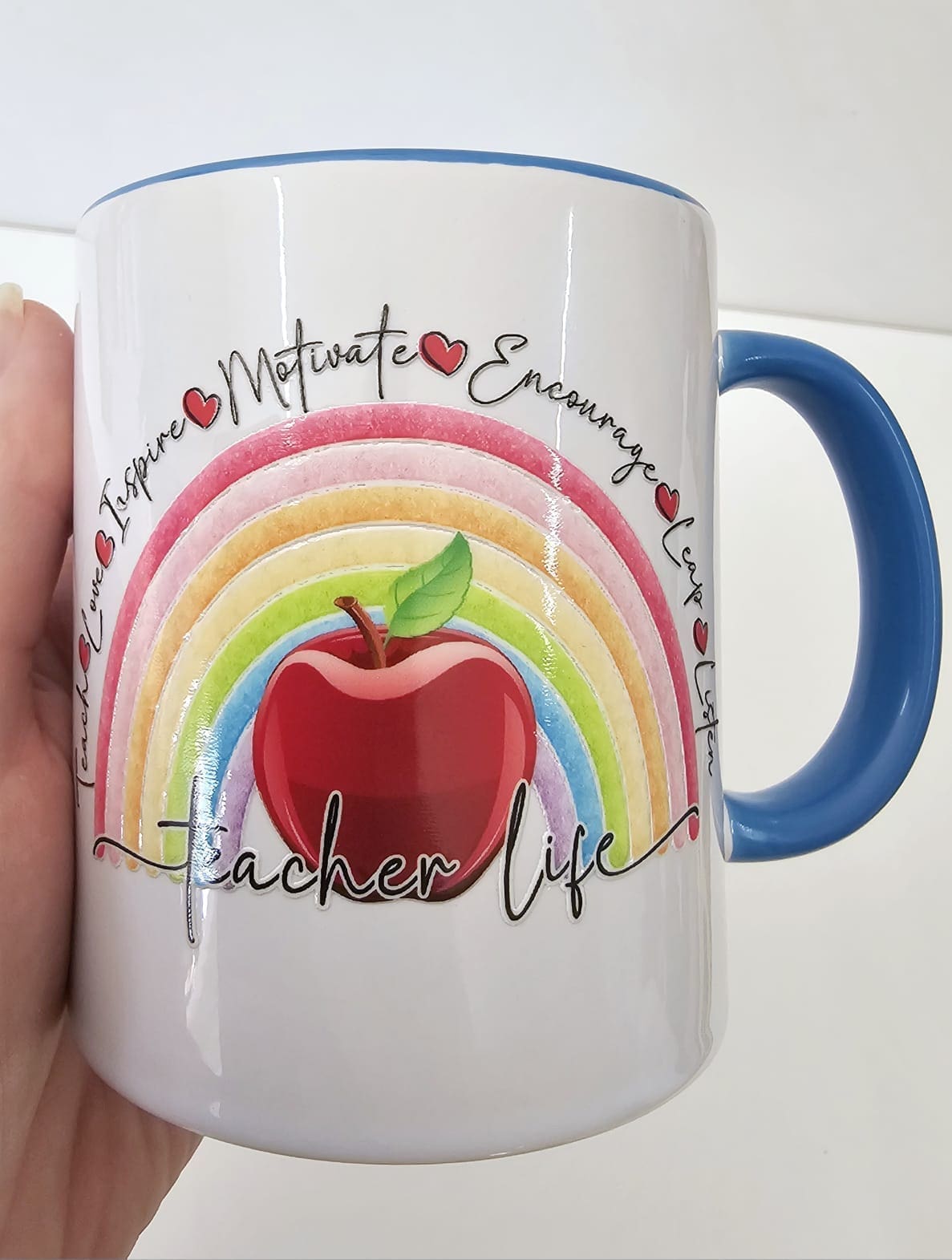Teacher2Mug 3D UV Stickers : Teacher Life Rainbow Apple Combo for Mug & Rectangle Acrylic Keychain (TEA2)