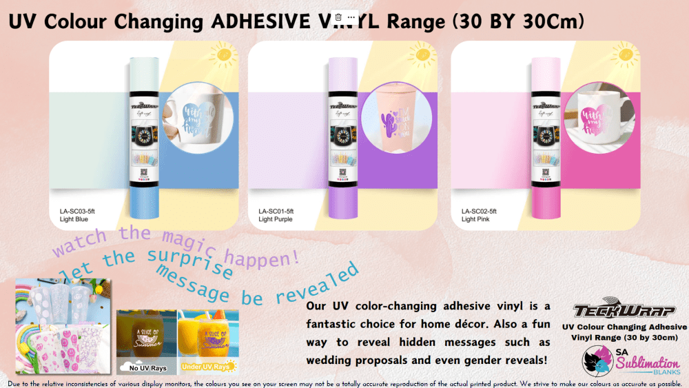UV Colour Changing AdeVinyl Teckwrap : Permanent UV Colour Changing Adhesive Vinyl Range (30 by 30cm)