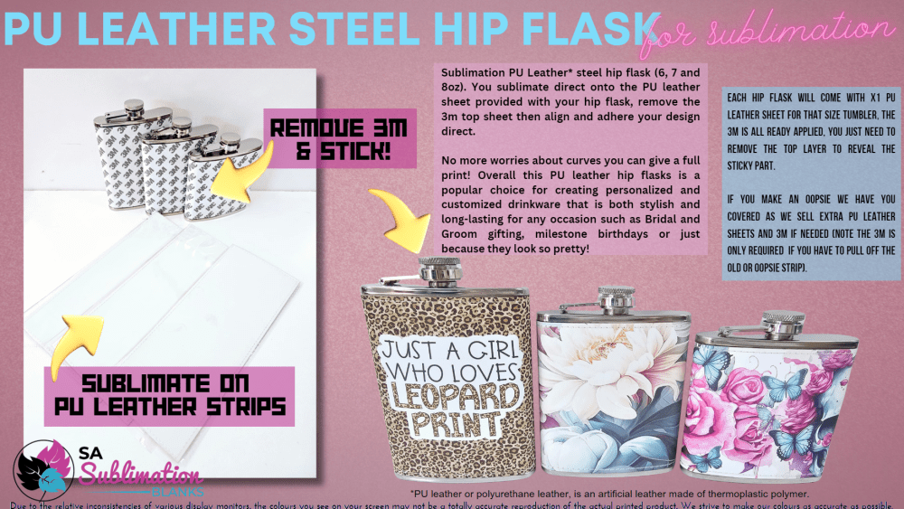 HipFlasksPUleather Sublimation Blanks : PU Leather Steel Hip Flask (6, 7 and 8oz)