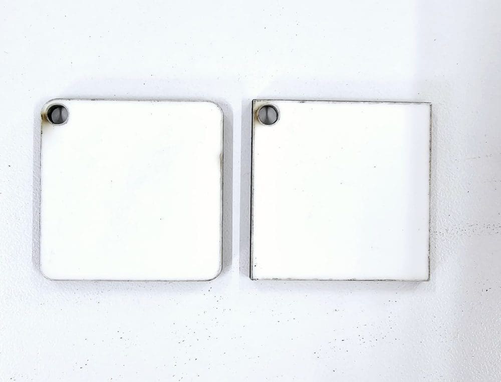 Laser Sublimation Blanks : Super Glossy 3mm Single or Double Sided Sublimation MDF SQUARE 5 & 6cm Keychain + 30mm Split Keyring