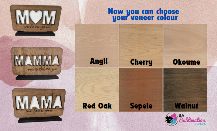 MomCombined2 Laser Sublimation Blanks : MOM, MAMA or MAMMA Sublimation & Veneer Plaque with Stand