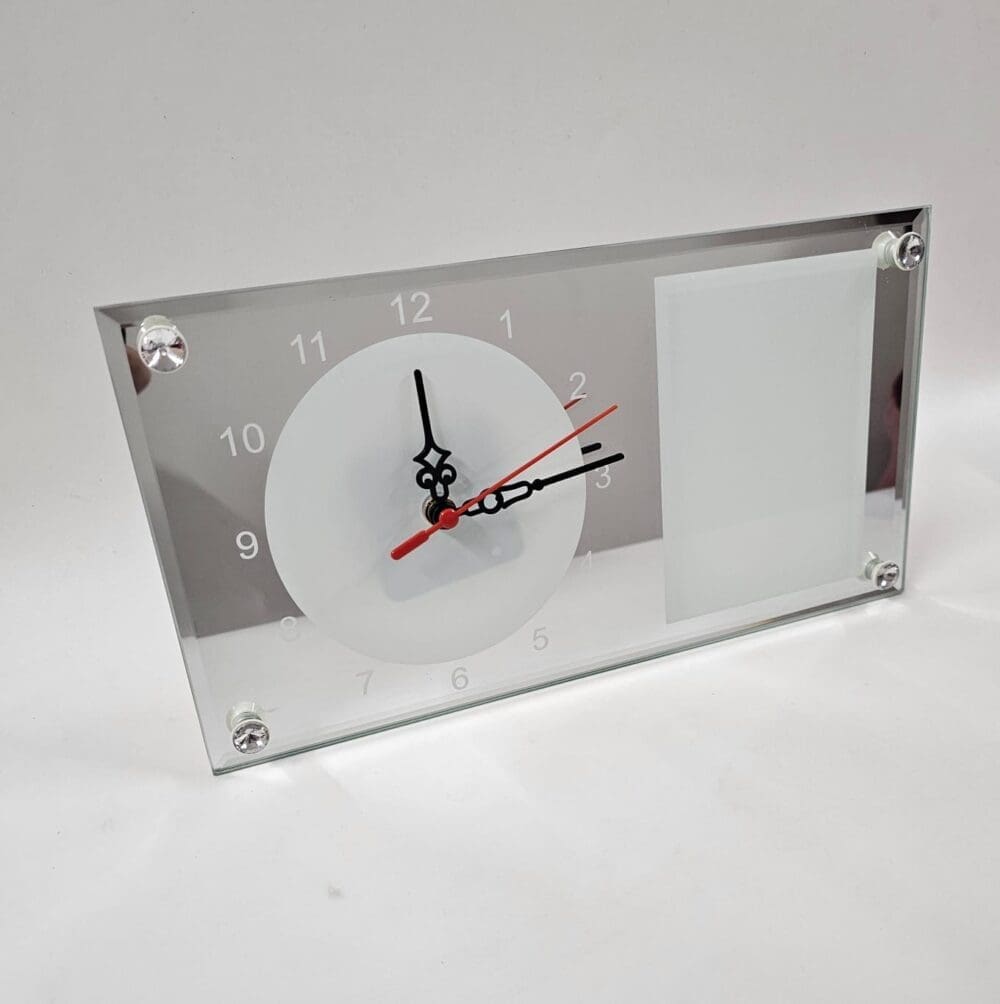 Glass Photo Frame Clock Side Front Sublimation Blanks : Rectangular Mirror Glass Clocks For Sublimation (Includes a Photo Frame)