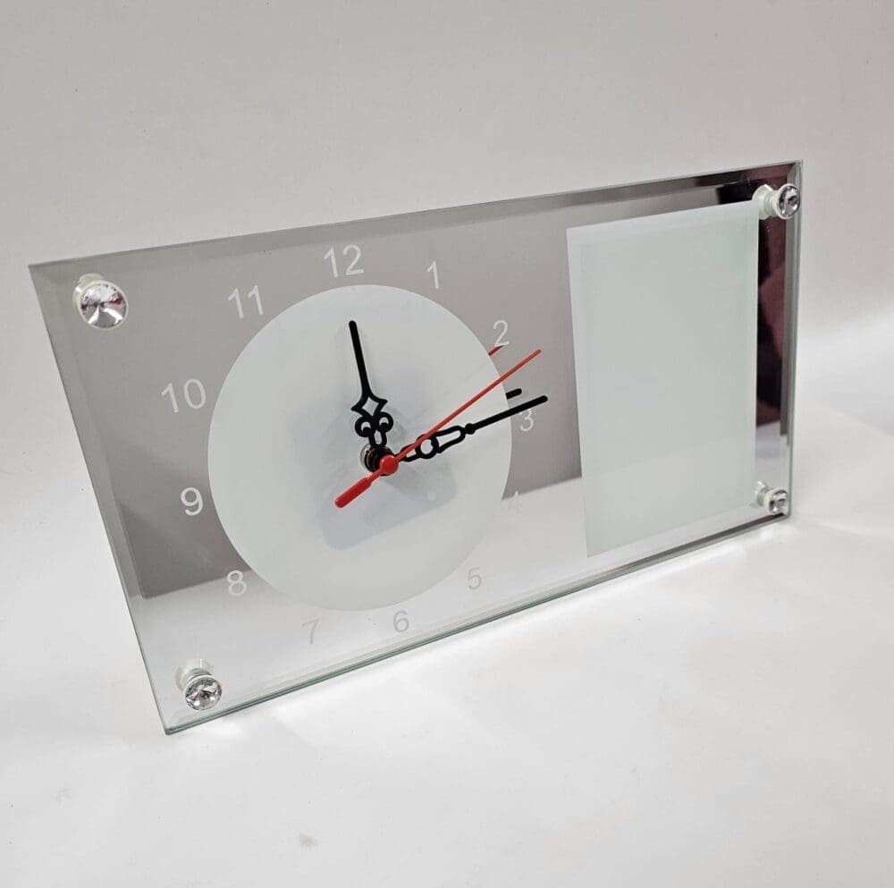Glass Photo Frame Clock Side Front Slanted Sublimation Blanks : Rectangular Mirror Glass Clocks For Sublimation (Includes a Photo Frame)