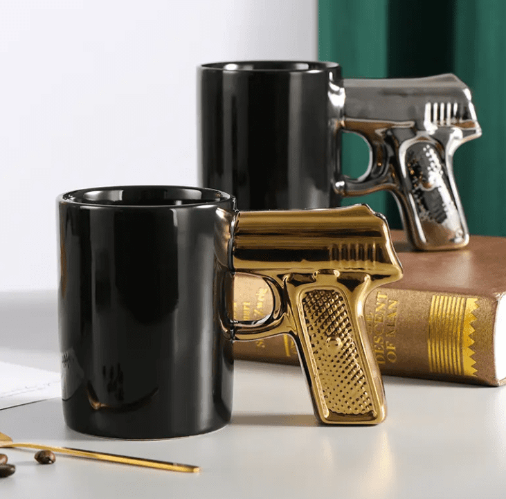 MugGunHandle Novelty Mugs : Pistol Gun Cup Ceramic Coffee Mug With Handle (Silver or Gold)