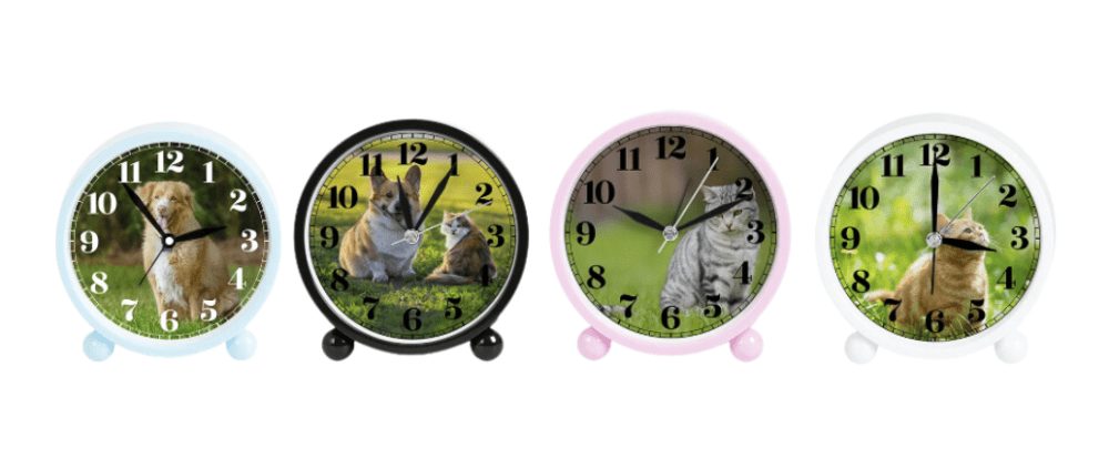 Group Clock Pressed Sublimation Blanks : Plastic Alarm Clock in 4 different colours