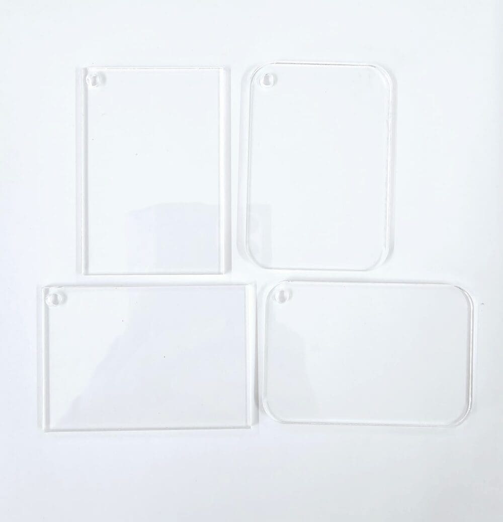 Keychain Rectangle Clear Laser Sublimation Blanks : 3 or 4mm RECTANGLE, 7.3 by 5cm Portrait or Landscape Subli-Acrylic, Disc + with split keyring & clip