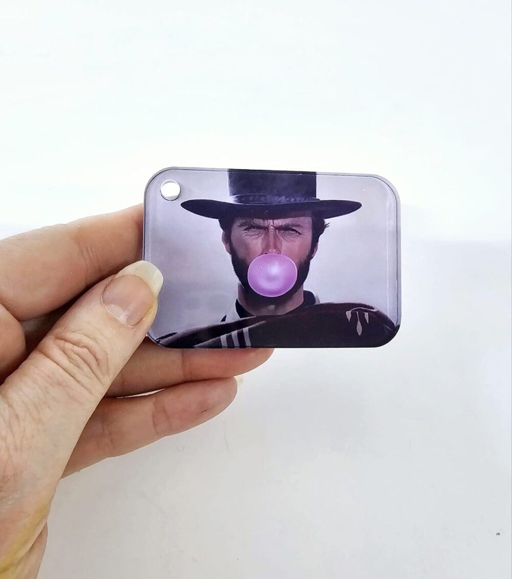 Subli Rect Keychain4 Laser Sublimation Blanks : 3 or 4mm RECTANGLE, 7.3 by 5cm Portrait or Landscape Subli-Acrylic, Disc + with split keyring & clip