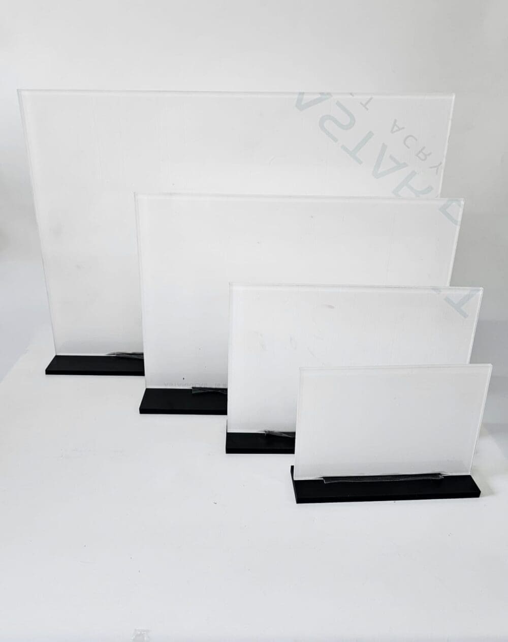 Lip Stand All L 3D UV Print : Direct to 3mm CLEAR Acrylic Boards with lip & 6mm Black Melamine or 5mm Clear Acrylic Stand (A6, A5, A4 & A3, Portrait or Landscape)