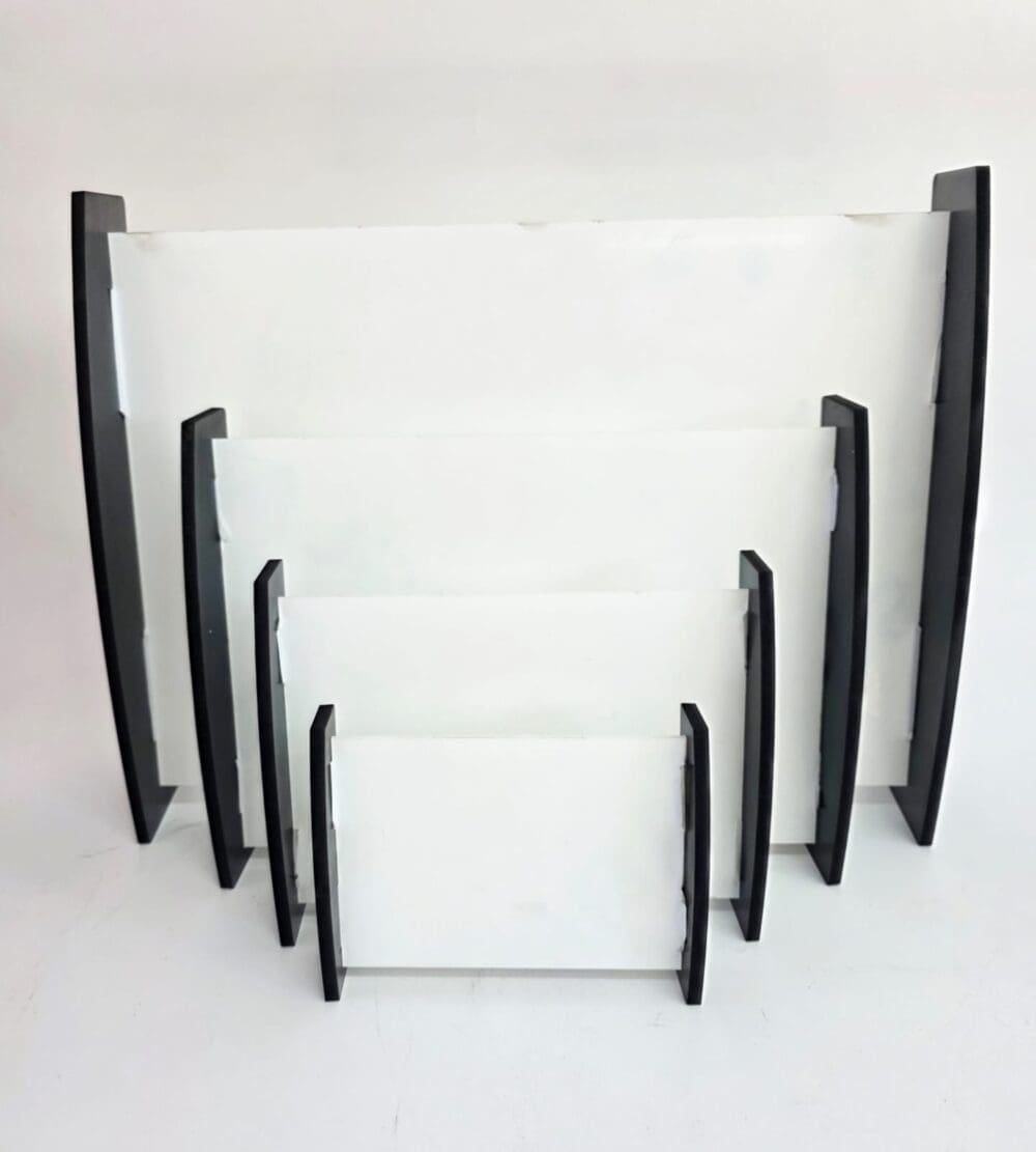 Curved L All Laser Blanks : 3mm CLEAR Acrylic Boards with Curved 6mm Black Melamine Sides (Portrait and Landscape)