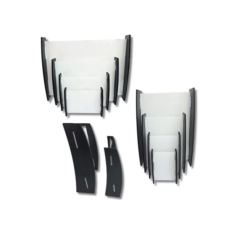 CurvedStandsBoth Laser Blanks : 3mm CLEAR Acrylic Boards with Curved 6mm Black Melamine Sides (Portrait and Landscape)