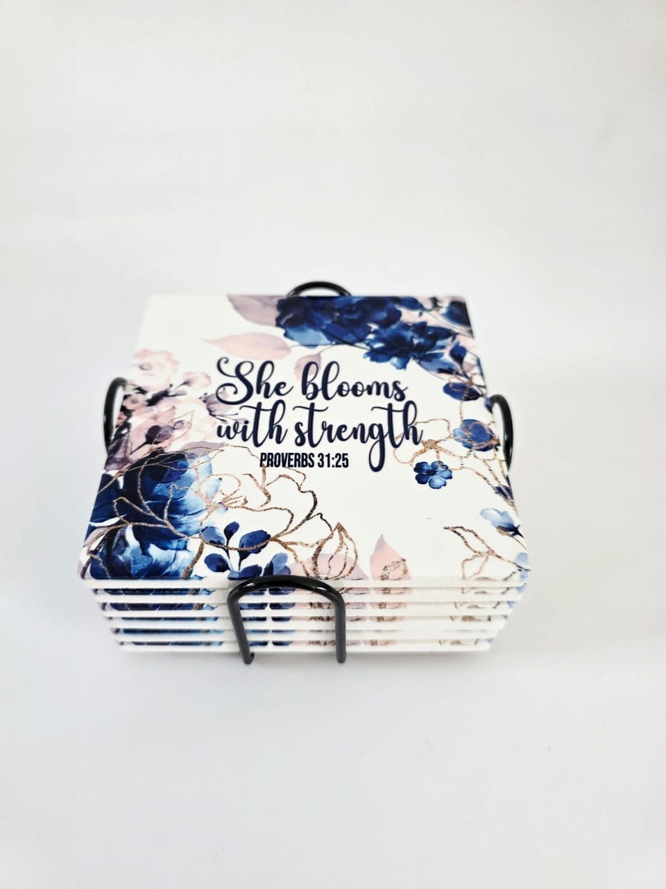 Stregnth Cermaic Coaster3 Personalised Gifting : Square Ceramic 6 Piece Coaster Set with theme floral print with "She Blooms with Strength Proverbs 31:25"
