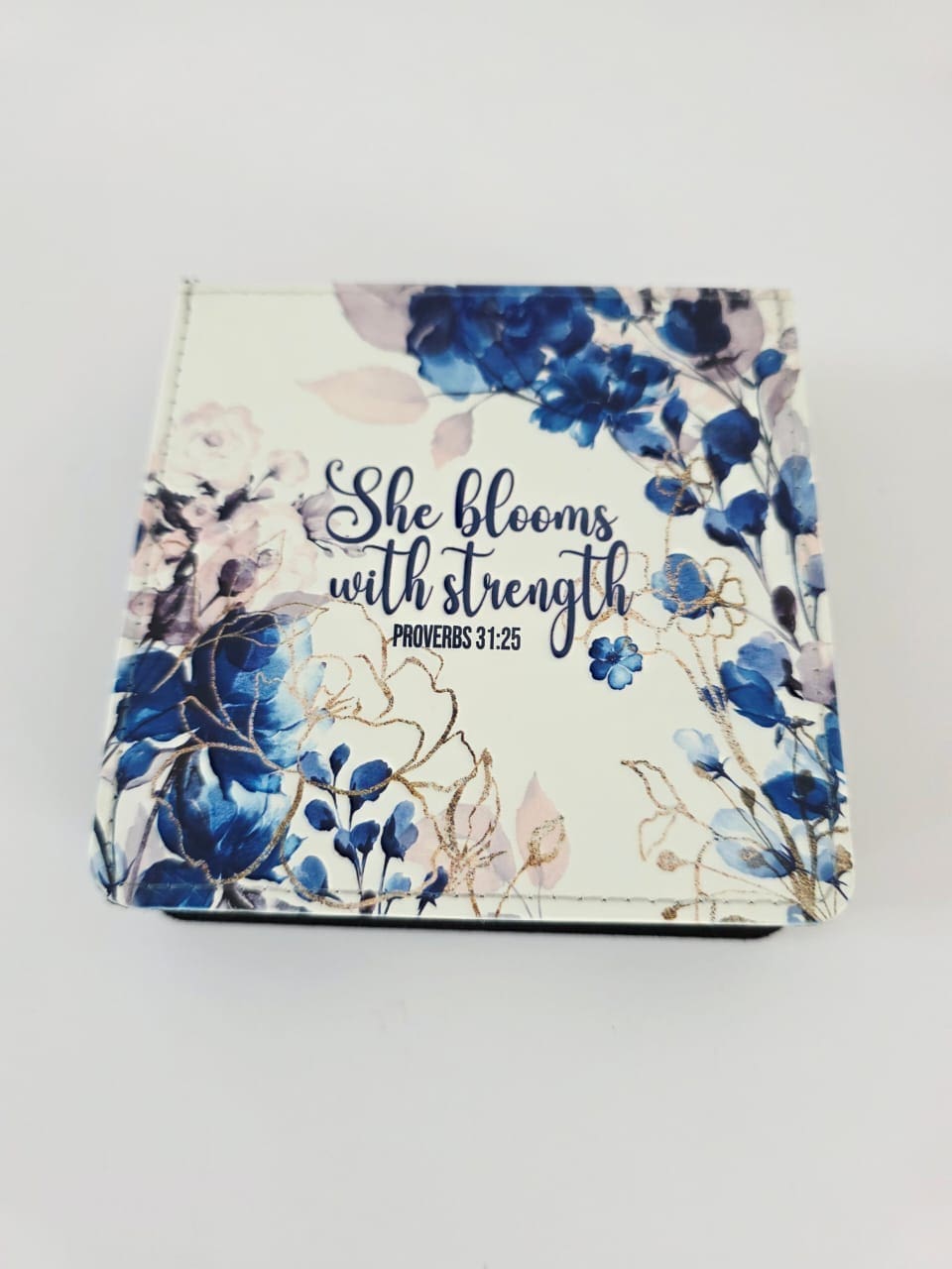 Stregnth SquareMemo Personalised Gifting : Square PU Leather Memo Pad with theme floral print with "She Blooms with Strength Proverbs 31:25"
