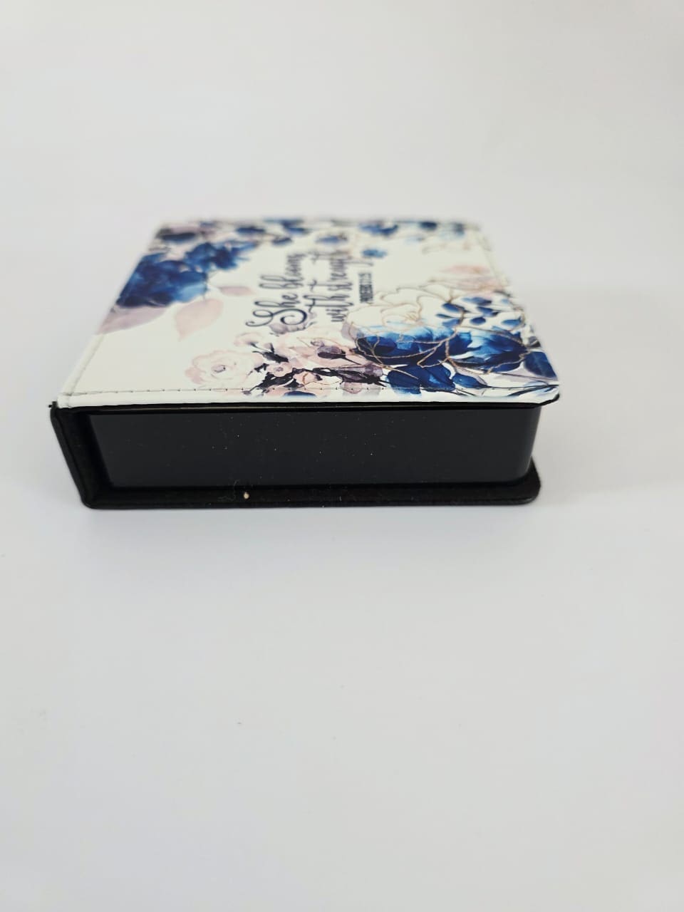 Stregnth SquareMemo4 Personalised Gifting : Square PU Leather Memo Pad with theme floral print with "She Blooms with Strength Proverbs 31:25"