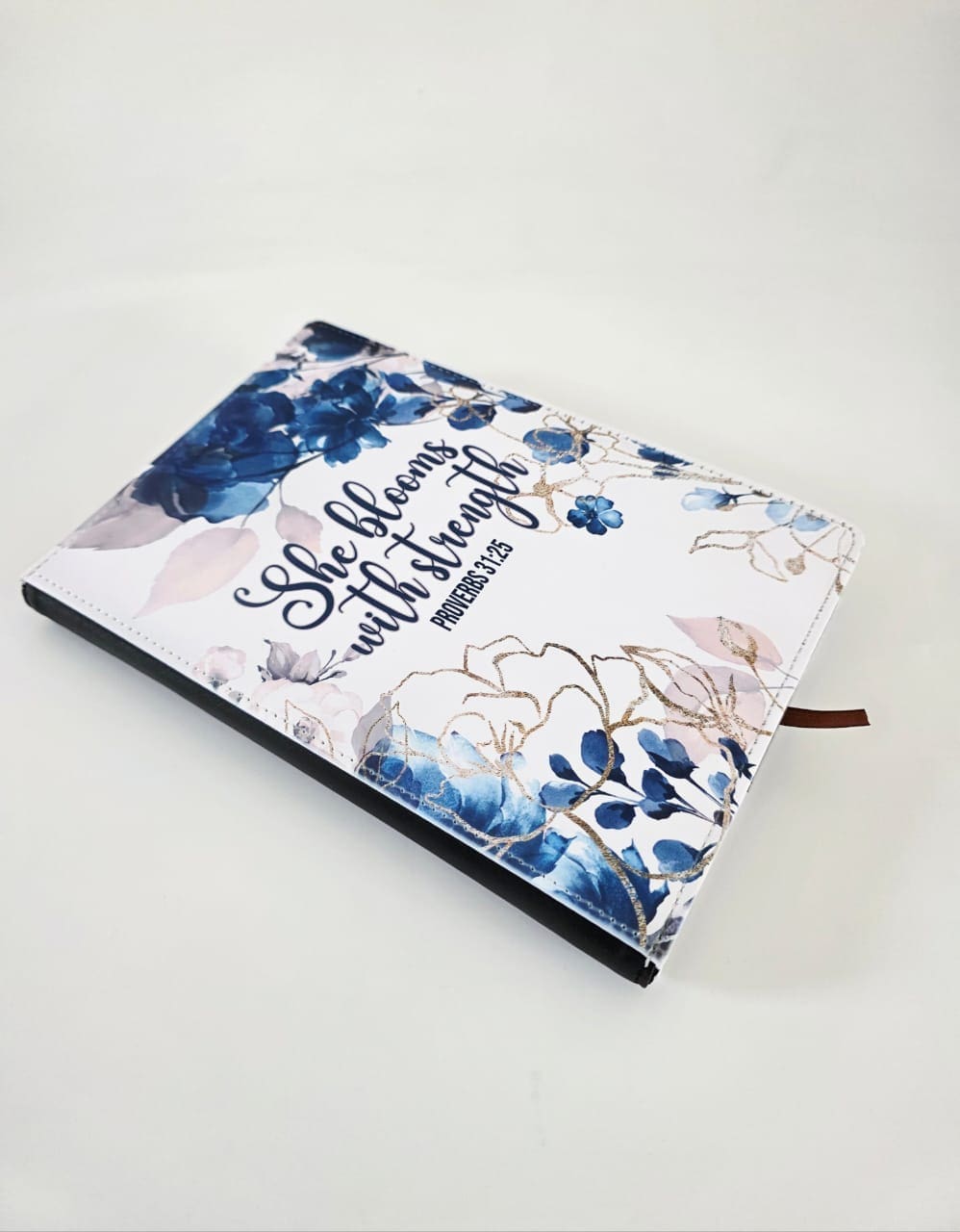 StregnthNotebookA52 Personalised Gifting : A5 PU Leather Note book with theme floral print with "She Blooms with Strength Proverbs 31:25"