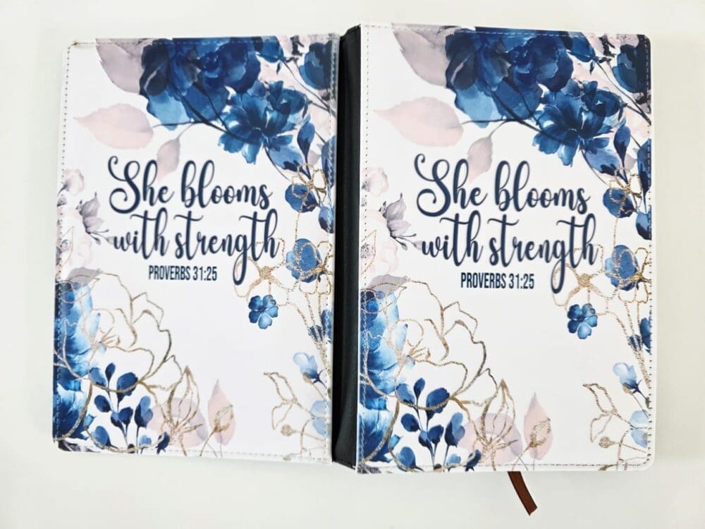 StregnthNotebookA53 Personalised Gifting : A5 PU Leather Note book with theme floral print with "She Blooms with Strength Proverbs 31:25"