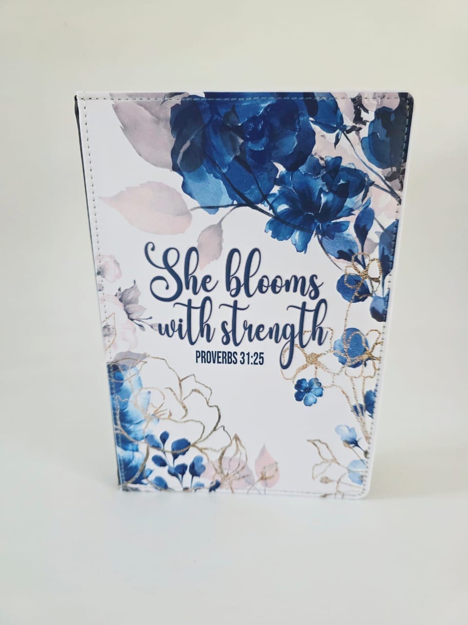 StregnthNotebookA54 Personalised Gifting : A5 PU Leather Note book with theme floral print with "She Blooms with Strength Proverbs 31:25"