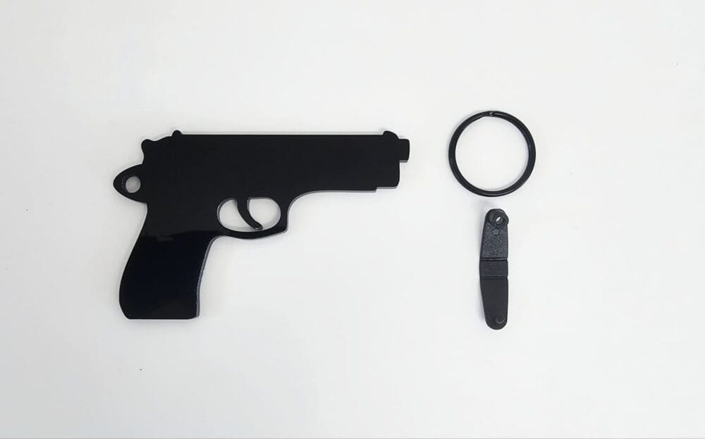 Laser Acrylic Shapes : BLACK or WHITE Gun Keychain with split keyring & clip
