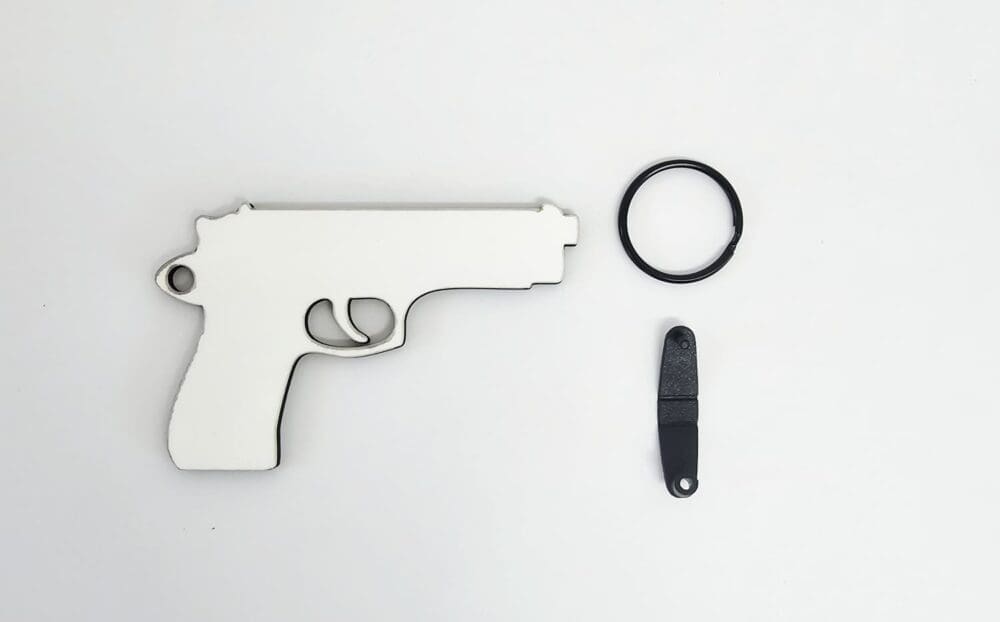 MDF Gun keychain 1 Laser Sublimation MDF Shapes : 3 or 5mm Sublimation MDF Gun (Single or Double Sided)+ with split keyring & clip