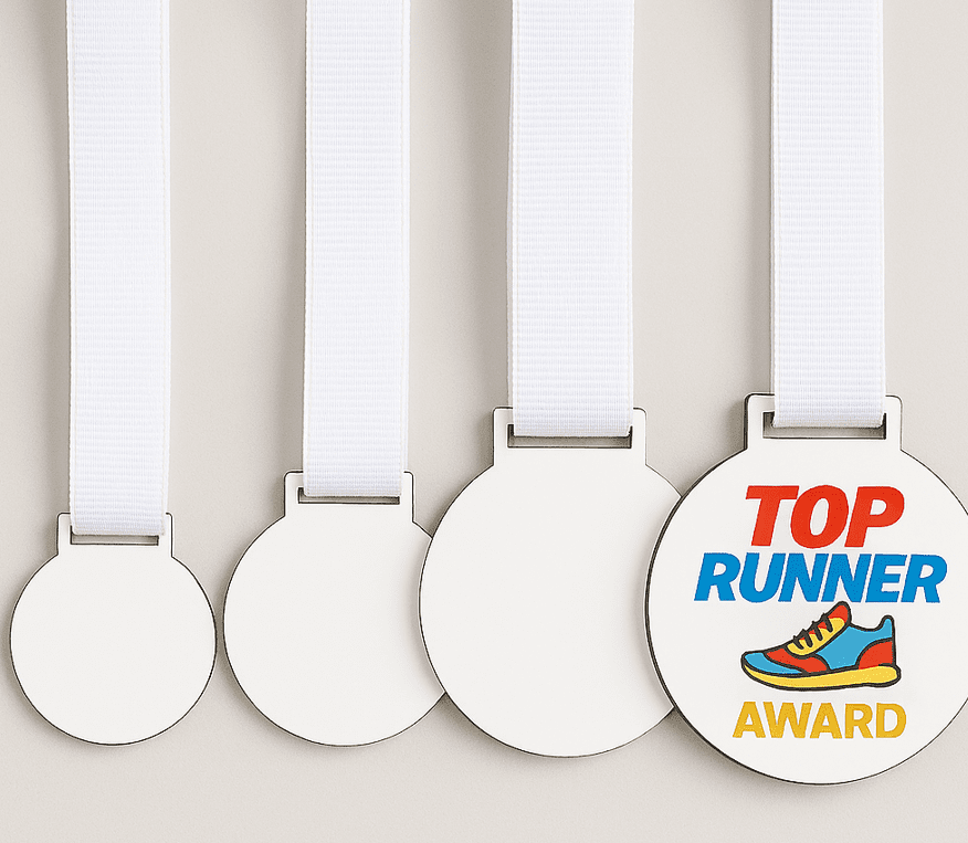 Laser Sublimation Blanks : Super Gloss Sublimation MDF, 3 & 5, S/S & D/S Medals with Sublimation Ribbon (S, M, L)