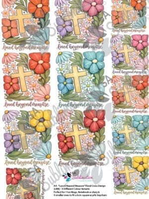 UVSticker_Watermark2 3D UV Stickers : A4 “Loved Beyond Measure” Floral Christian Cross Design (LBM) - 6 Colour Variations