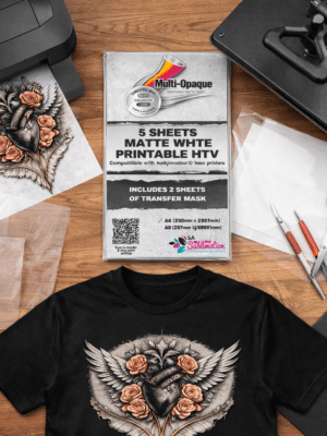 MO_MainPicture Printable HTV : Multi-Opaque Matte White Printable HTV for Inkjet, Sublimation & Laser Printers (A4 & A3)