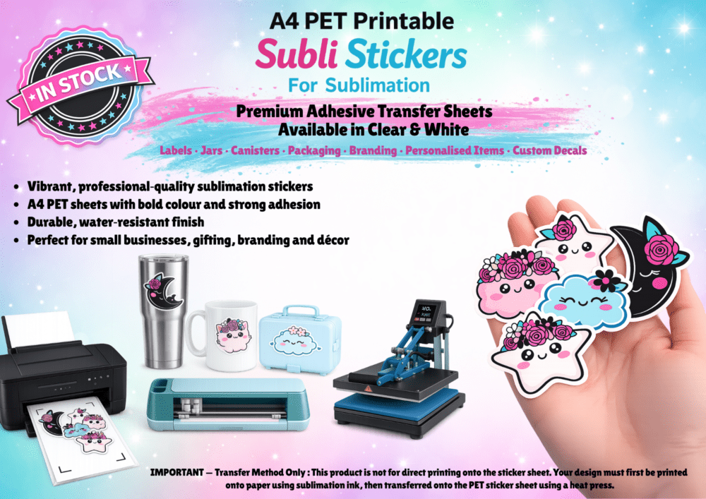 Sublimation Blanks : A4 PET Printable Subli Stickers For Sublimation (Transparent & White) [Pack of 5]