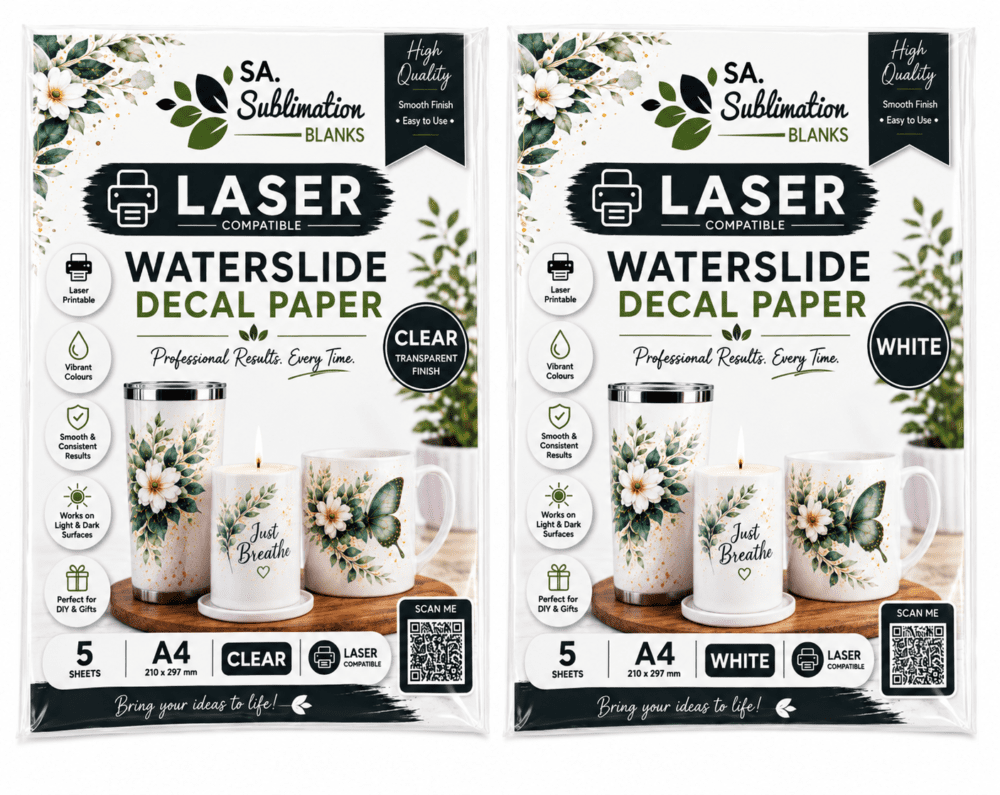Sublimation Blanks : Waterslide Transfer Paper Decal for LASER (White & Clear, Pack of 5)
