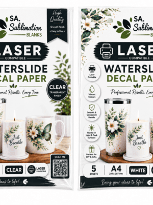 Waterslide_Laser Sublimation Blanks : Waterslide Transfer Paper Decal for LASER (White & Clear, Pack of 5)