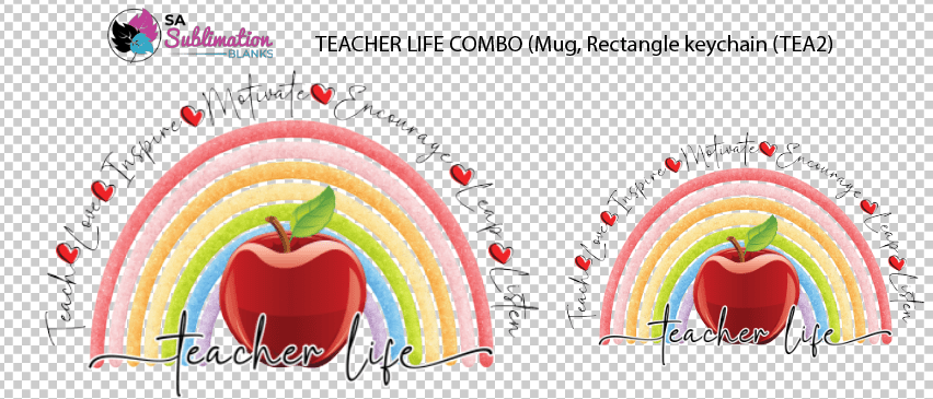 Teach2Combo_Web 3D UV Stickers : Teacher Life Rainbow Apple Combo for Mug & Rectangle Acrylic Keychain (TEA2)