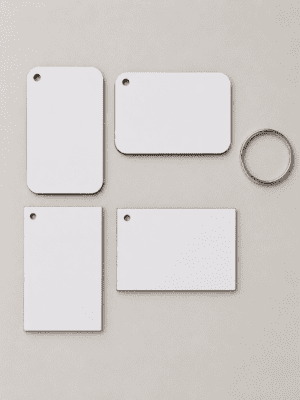 Rectangle_7.3by5.5cm_SubMDF Laser Sublimation Blanks : Super Glossy 3 or 5mm Single or Double Sided Sublimation MDF 7.3 by 5cm RECTANGLE Keychain + Silver Split Keyring