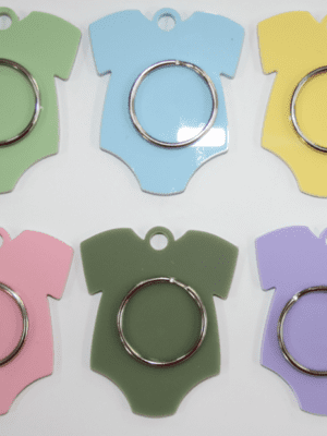 BabygrowKeychains2 Laser Acrylic Shapes : Pastel Acrylic Range : Babygrow/Romper Keychain, Disc + Keyring (7 Colours)