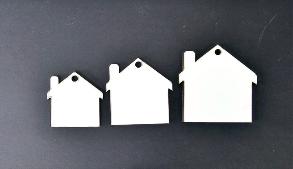 MDF House Keychain Laser Sublimation Blanks : Glossy MDF 3mm Single or Double Sided Sublimation House Keychain with split keyring & clip (S, M, L)
