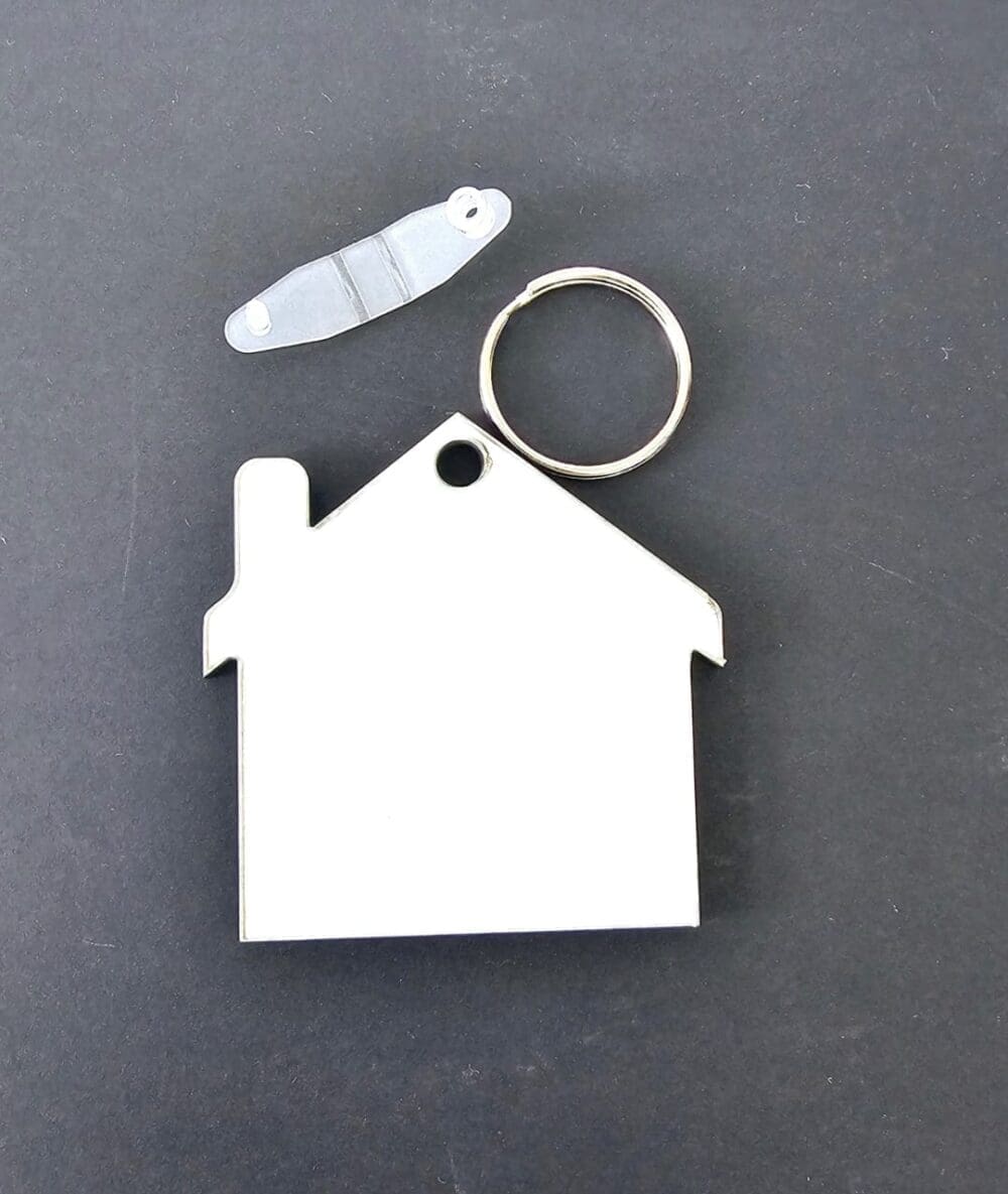 MDF House Keychain2 Laser Sublimation Blanks : Glossy MDF 3mm Single or Double Sided Sublimation House Keychain with split keyring & clip (S, M, L)
